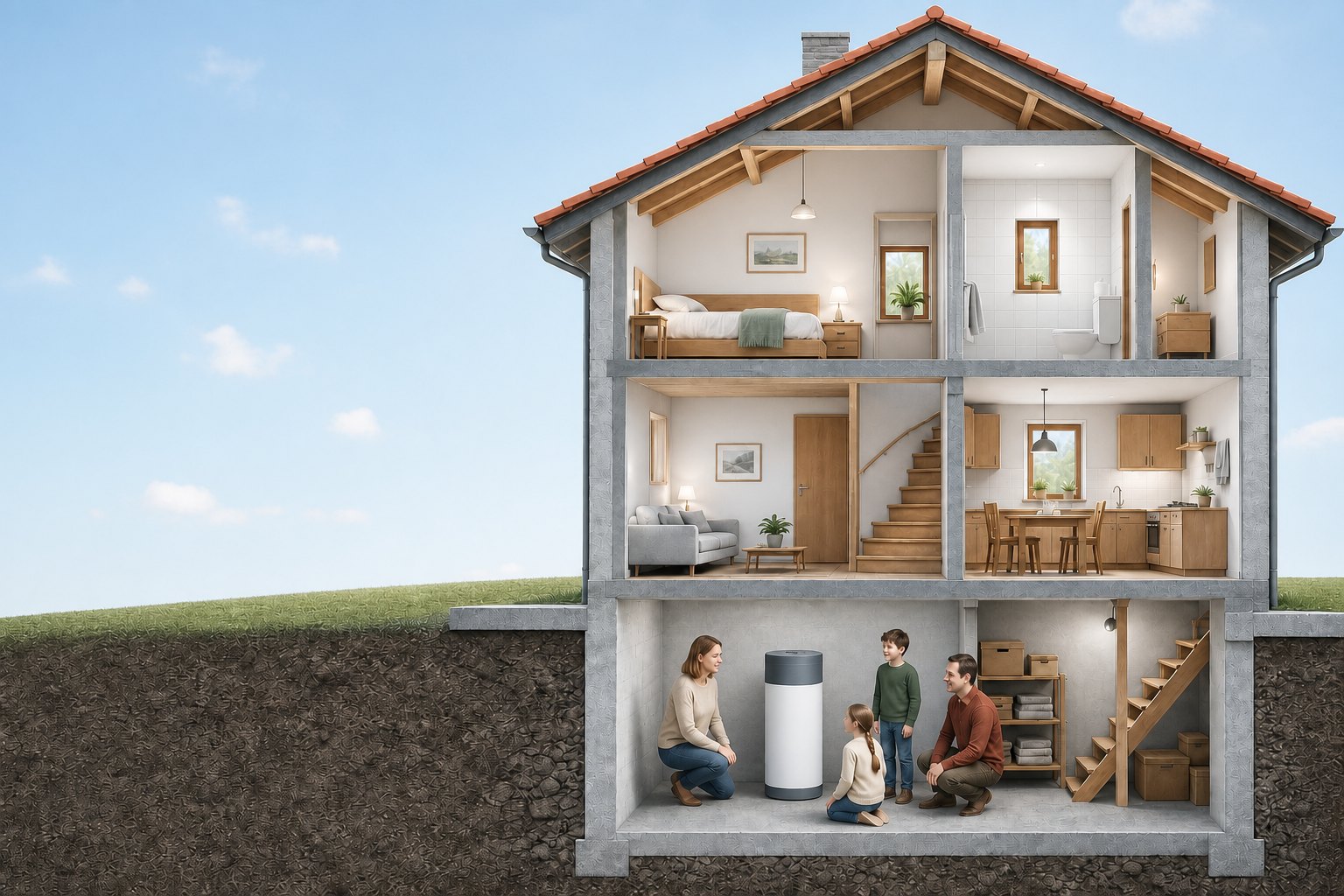 Visualisierung eines bewohnten Hauses mit zentralem neko Modul im Keller